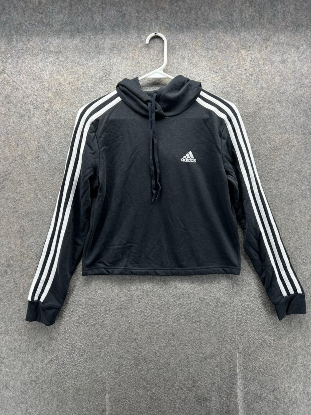 Adidas Hoodie Womens XS Black 3 Stripe Cropped Raglan Pullover Sweatshirt Logo